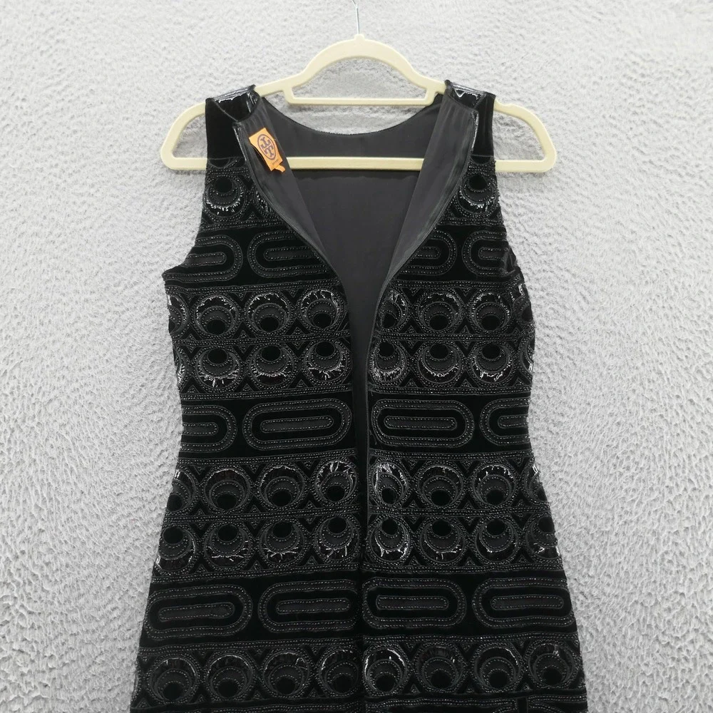 Tory Burch Womens‎ Beaded Velvet Patent Leather Sheath Dress 4 Black Cocktail